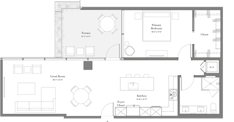 Floor plan for 1 bed, 1 bath, 973 sqft
